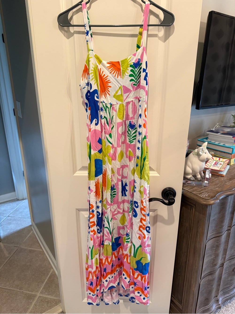 Women’s White Maxi Sundress with Multi-Color Tropical Print